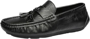 Men's Genuine Leather Loafers with Tassel, Round Toe, Flat Heel, Lightweight, Anti-Slip, Stitching Details Slip-Ons for Weddings