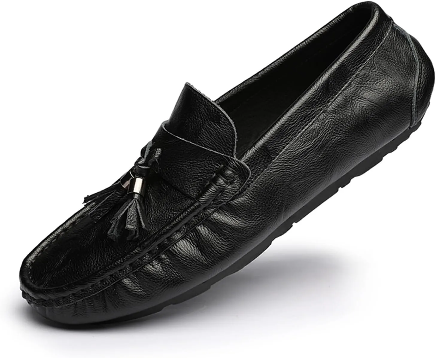 Men's Genuine Leather Loafers with Tassel, Round Toe, Flat Heel, Lightweight, Anti-Slip, Stitching Details Slip-Ons for Weddings