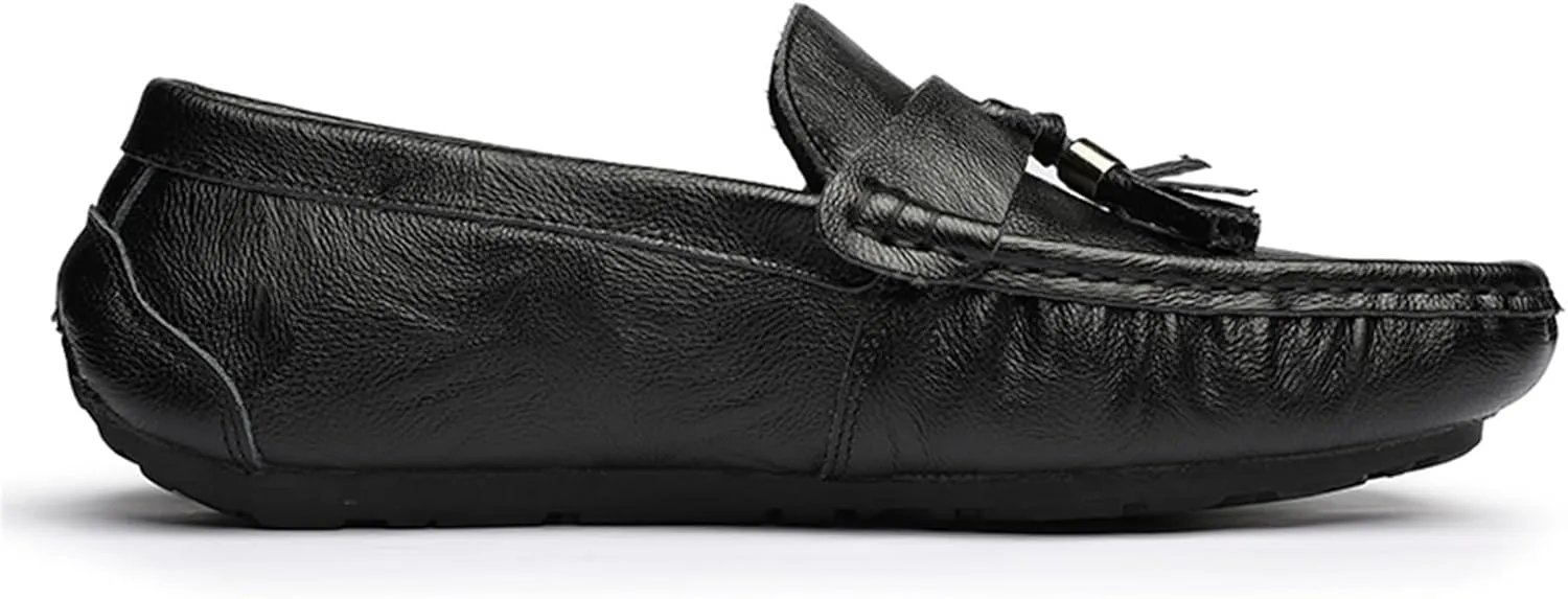Men's Genuine Leather Loafers with Tassel, Round Toe, Flat Heel, Lightweight, Anti-Slip, Stitching Details Slip-Ons for Weddings