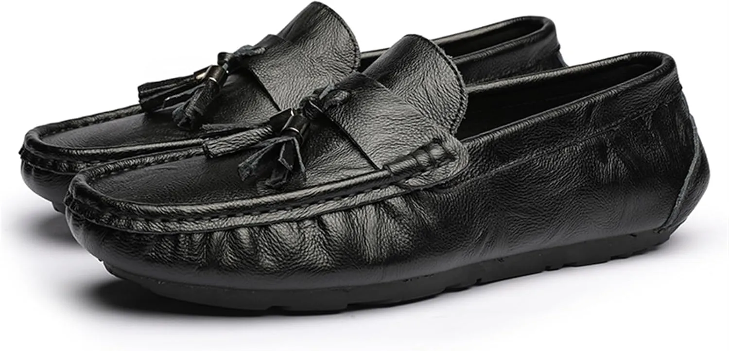 Men's Genuine Leather Loafers with Tassel, Round Toe, Flat Heel, Lightweight, Anti-Slip, Stitching Details Slip-Ons for Weddings
