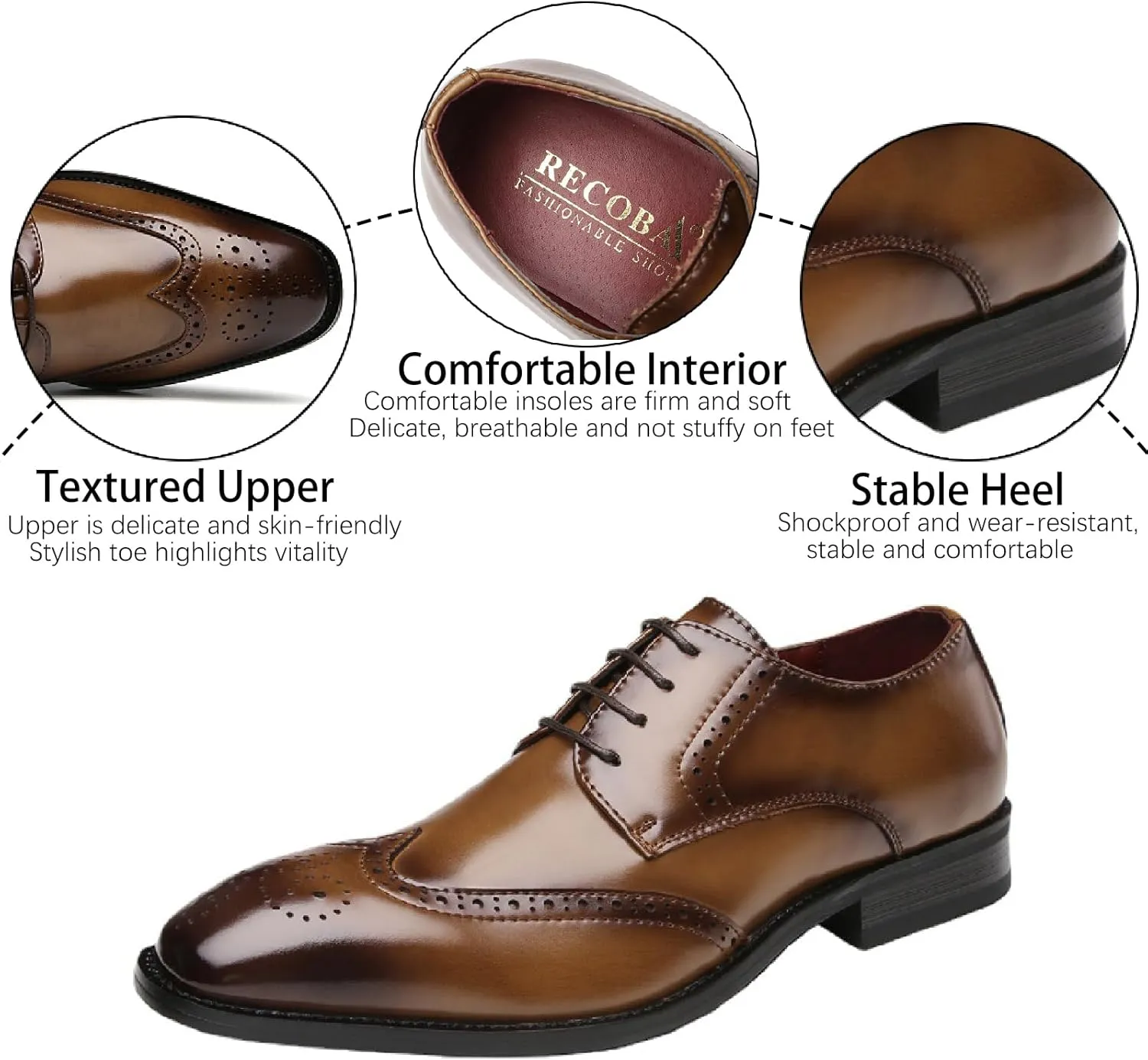 Men's Genuine Leather Pointed Toe Lace-Up Brogue Oxford Shoes Fashion Breathe Low Heel Wingtips Wedding Business Dress Derbys Shoes