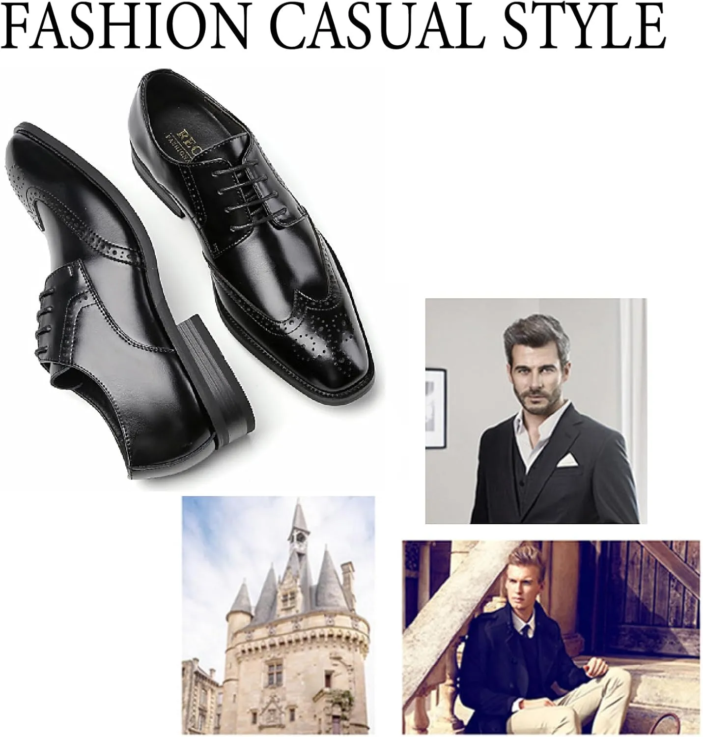 Men's Genuine Leather Pointed Toe Lace-Up Brogue Oxford Shoes Fashion Breathe Low Heel Wingtips Wedding Business Dress Derbys Shoes