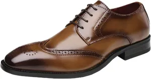 Men's Genuine Leather Pointed Toe Lace-Up Brogue Oxford Shoes Fashion Breathe Low Heel Wingtips Wedding Business Dress Derbys Shoes