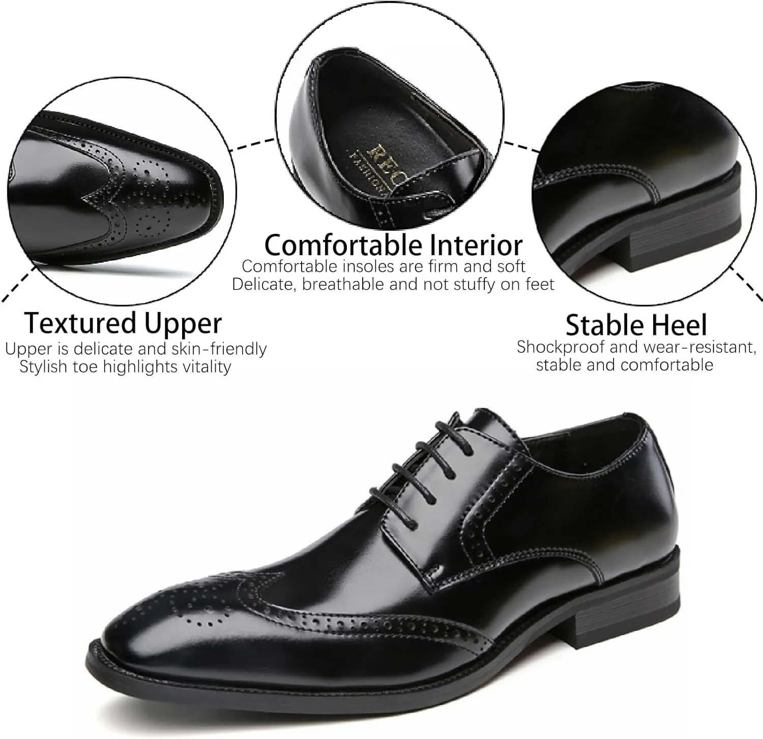 Men's Genuine Leather Pointed Toe Lace-Up Brogue Oxford Shoes Fashion Breathe Low Heel Wingtips Wedding Business Dress Derbys Shoes