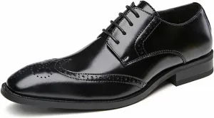 Men's Genuine Leather Pointed Toe Lace-Up Brogue Oxford Shoes Fashion Breathe Low Heel Wingtips Wedding Business Dress Derbys Shoes