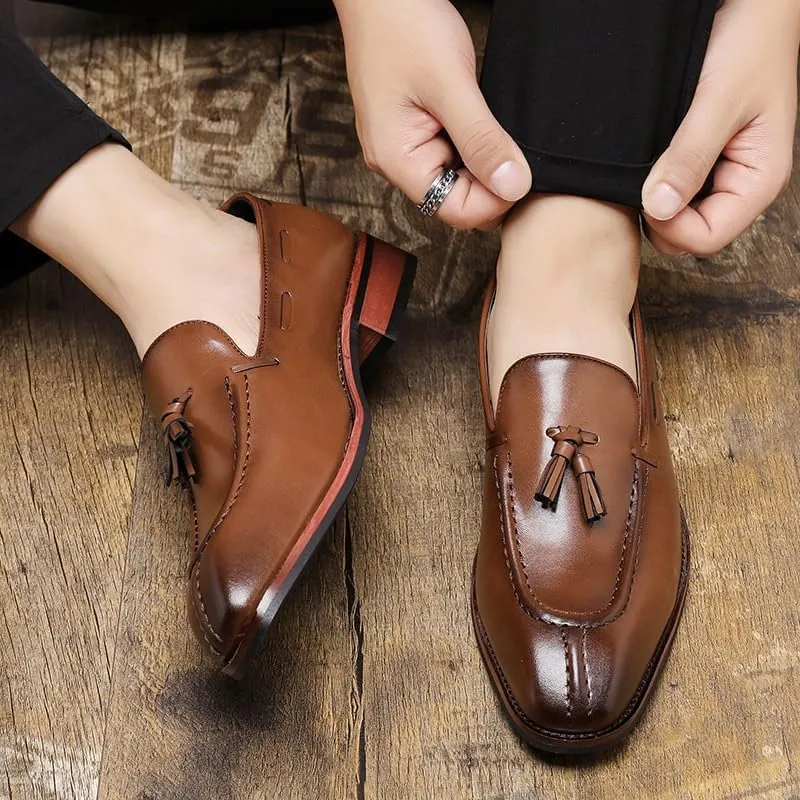 Men's Genuine Leather Slip On Tassel Platform Loafers Vintage Round Toe Non-Slip Luxury Formal Shoes Casual Business New Dress Loafers