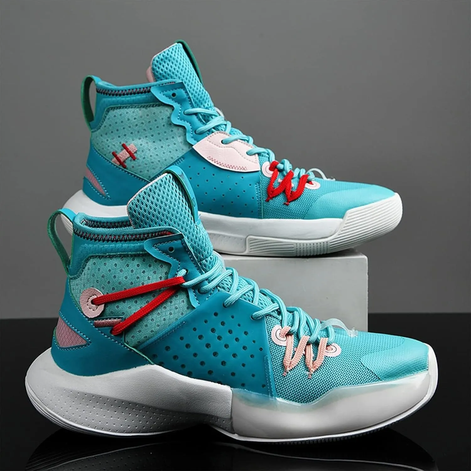 Men's High Top Basketball Shoes Fashionable Breathable Running Sports Anti Slip Training Boots(Cyan,7.5)