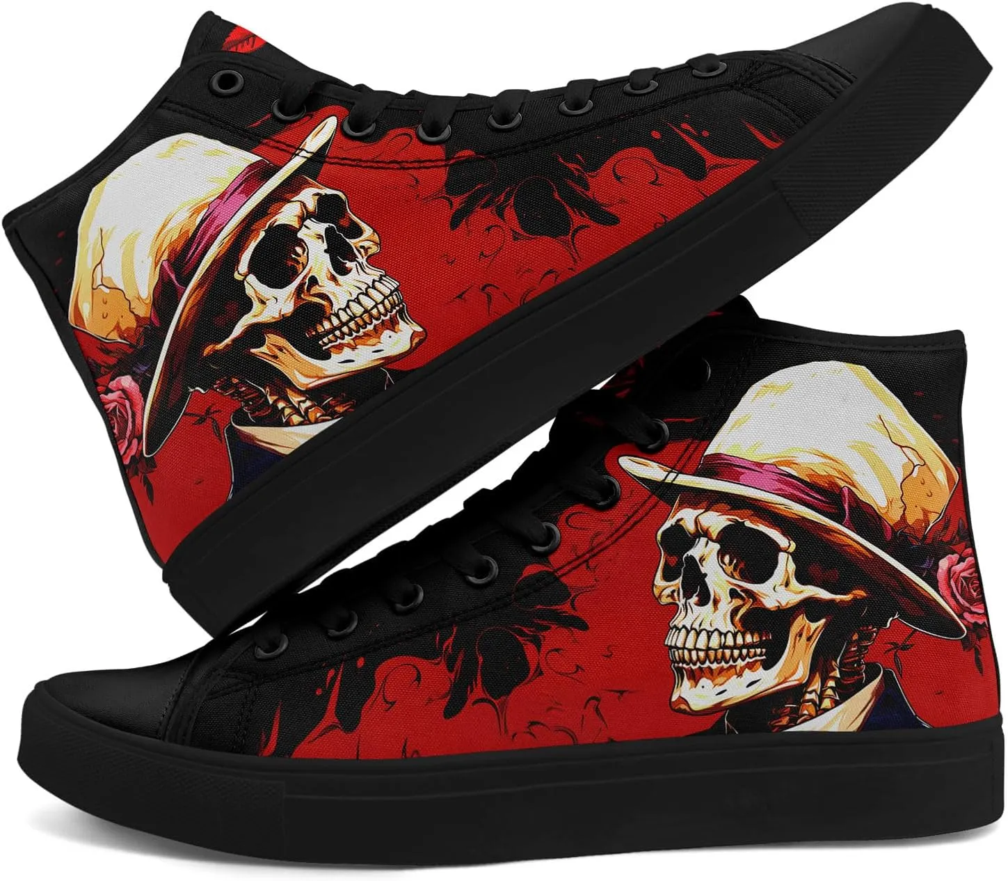 Mens High Top Sneakers Lace-Up Gothic Designed Casual Steet Canvas Shoes for Women Red and Black Skull Shoes