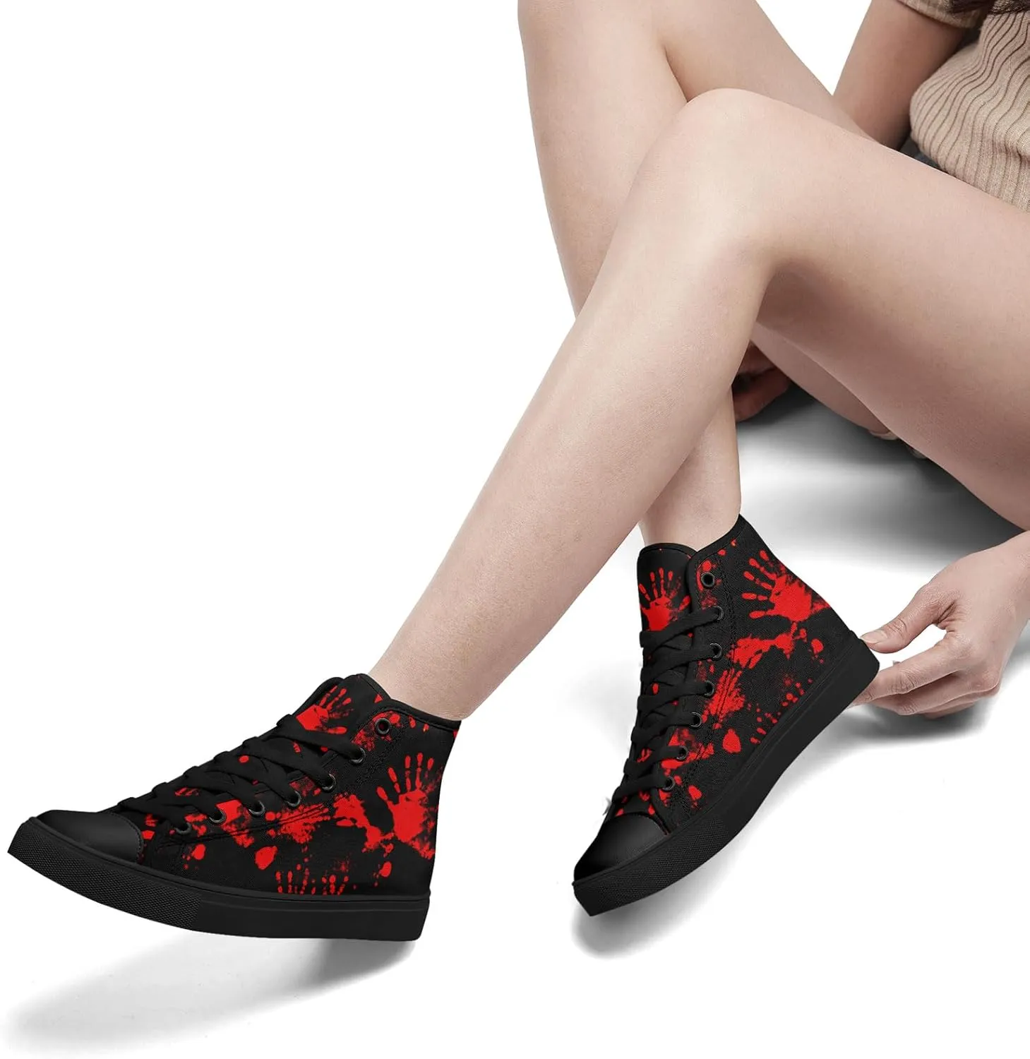 Mens High Top Sneakers Lace-Up Gothic Designed Casual Steet Canvas Shoes for Women Red and Black Skull Shoes