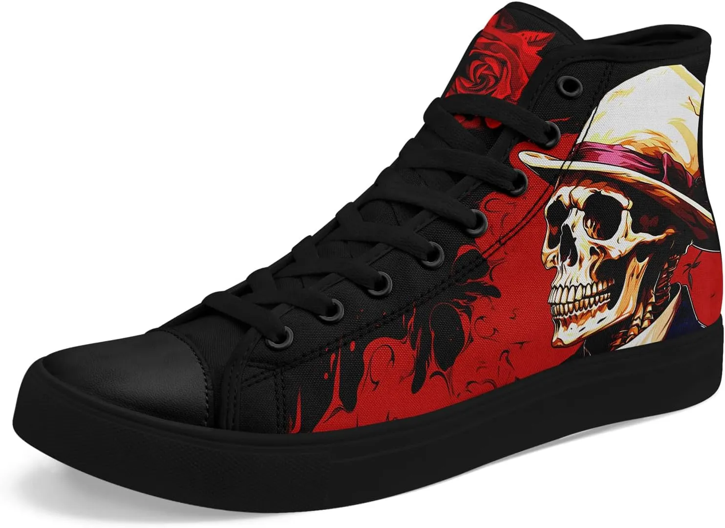 Mens High Top Sneakers Lace-Up Gothic Designed Casual Steet Canvas Shoes for Women Red and Black Skull Shoes