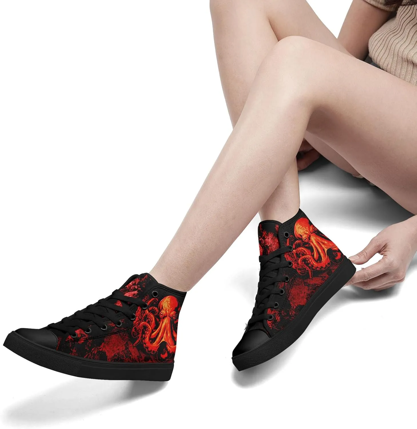 Mens High Top Sneakers Lace-Up Gothic Designed Casual Steet Canvas Shoes for Women Red and Black Skull Shoes
