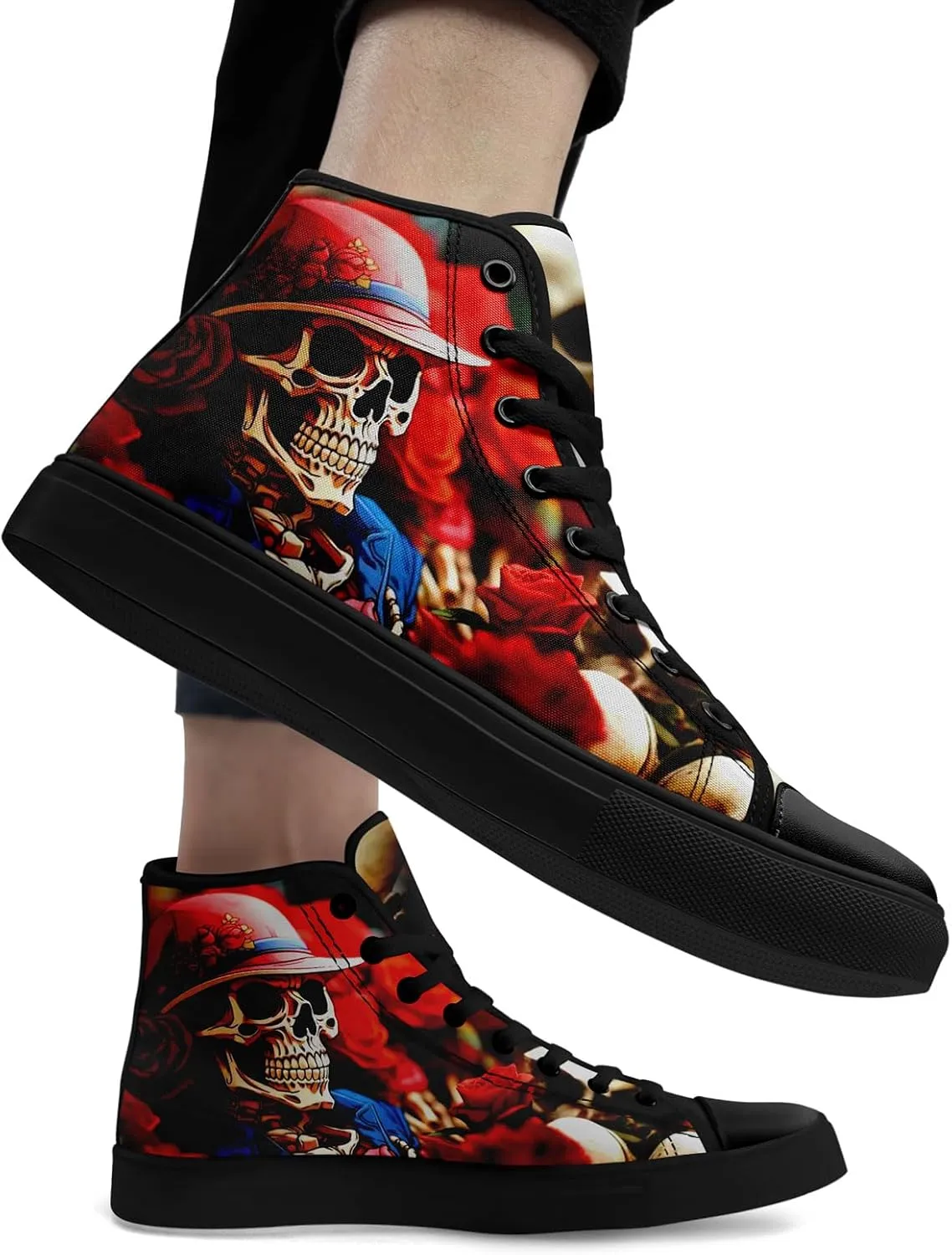Mens High Top Sneakers Lace-Up Gothic Designed Casual Steet Canvas Shoes for Women Red and Black Skull Shoes