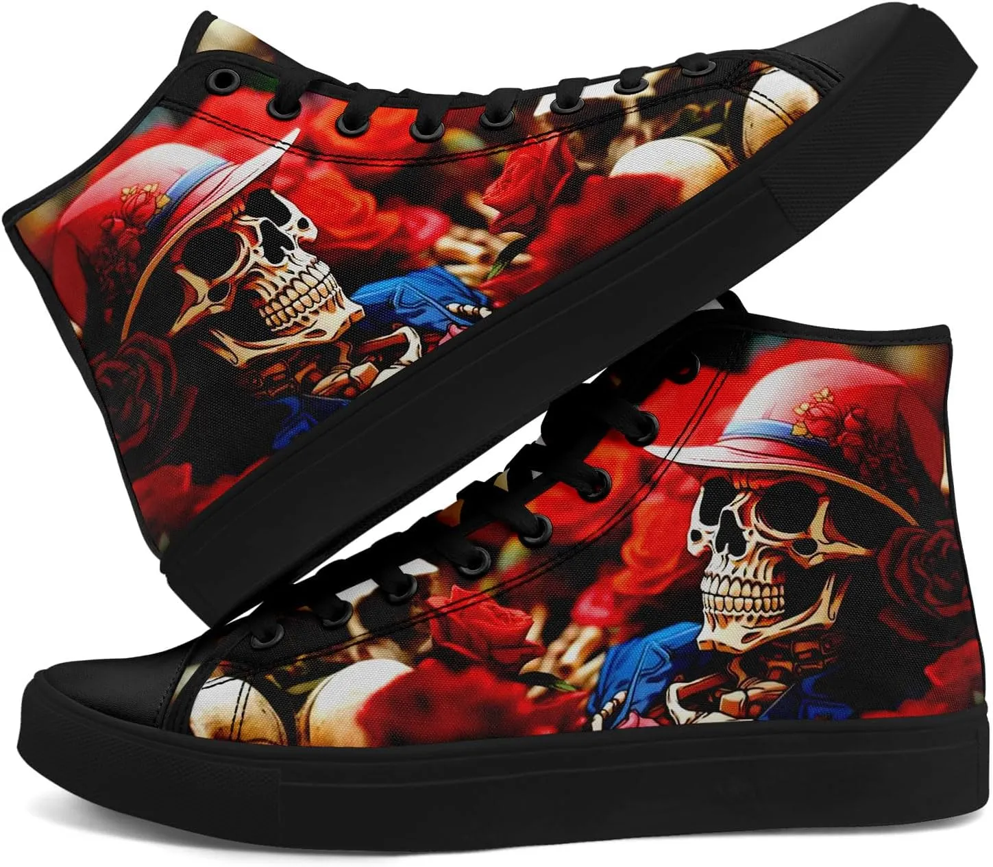 Mens High Top Sneakers Lace-Up Gothic Designed Casual Steet Canvas Shoes for Women Red and Black Skull Shoes