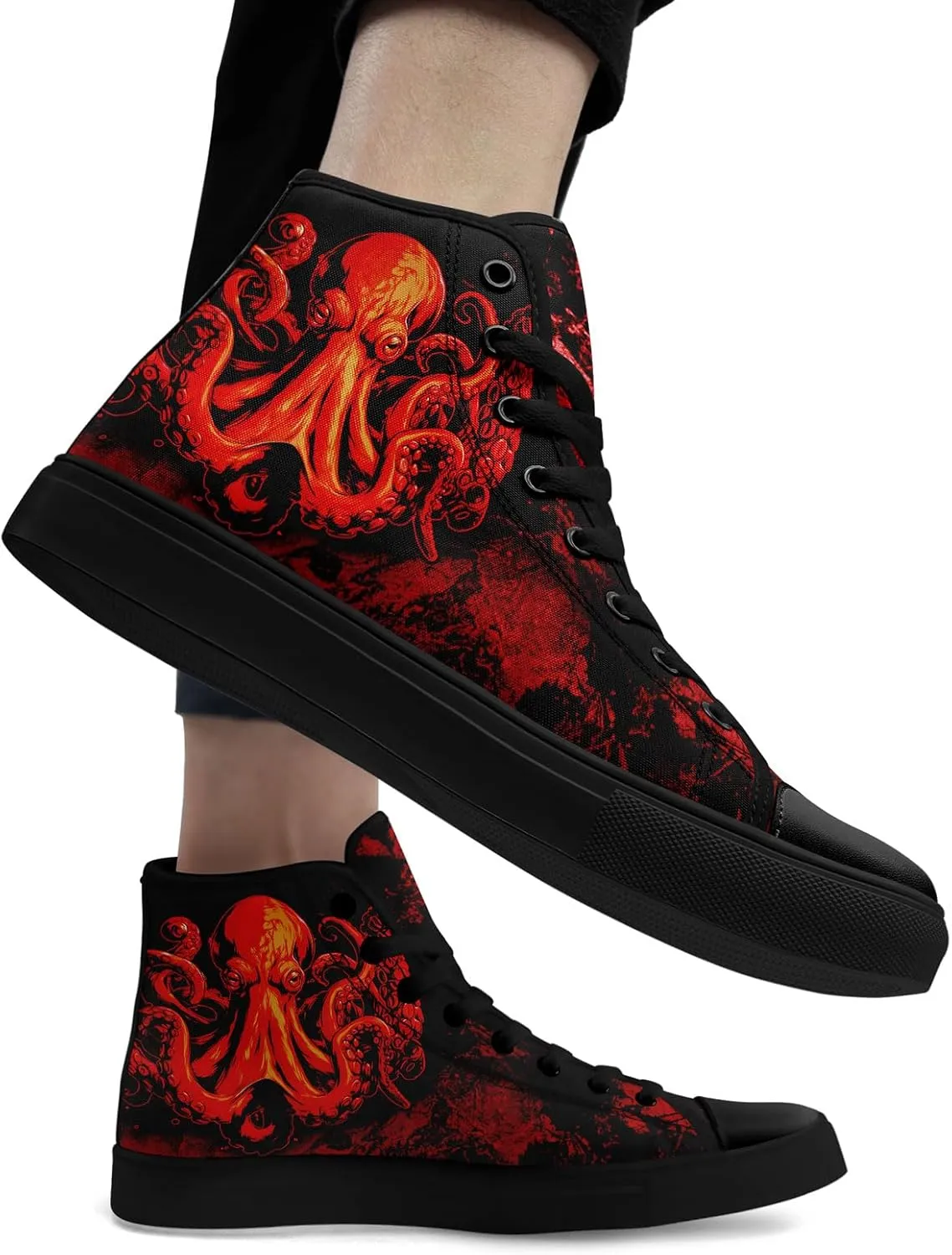 Mens High Top Sneakers Lace-Up Gothic Designed Casual Steet Canvas Shoes for Women Red and Black Skull Shoes