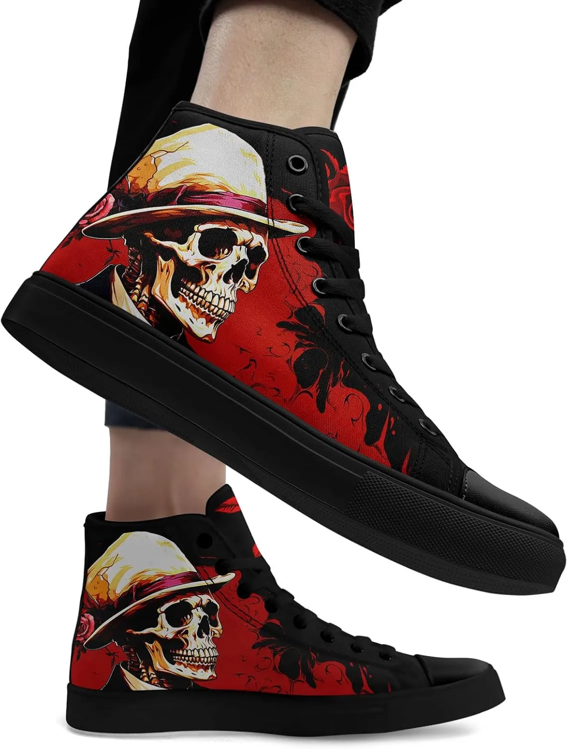 Mens High Top Sneakers Lace-Up Gothic Designed Casual Steet Canvas Shoes for Women Red and Black Skull Shoes