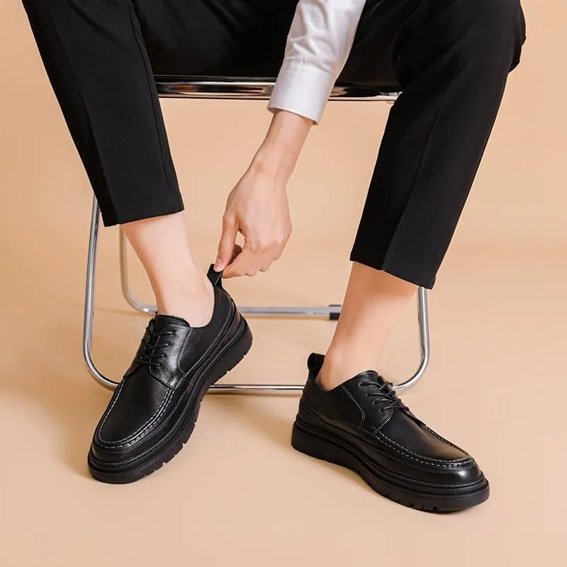 Men's Lace-up Casual Leather Shoes Classic Black Thick Sole Oxford Shoes Comfortable Soft Sole Slip Resistant Rubber Dress Shoes for Men