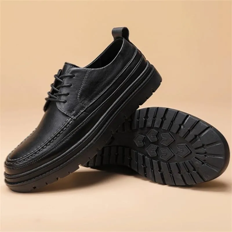 Men's Lace-up Casual Leather Shoes Classic Black Thick Sole Oxford Shoes Comfortable Soft Sole Slip Resistant Rubber Dress Shoes for Men