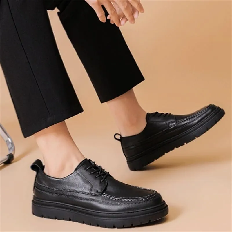 Men's Lace-up Casual Leather Shoes Classic Black Thick Sole Oxford Shoes Comfortable Soft Sole Slip Resistant Rubber Dress Shoes for Men