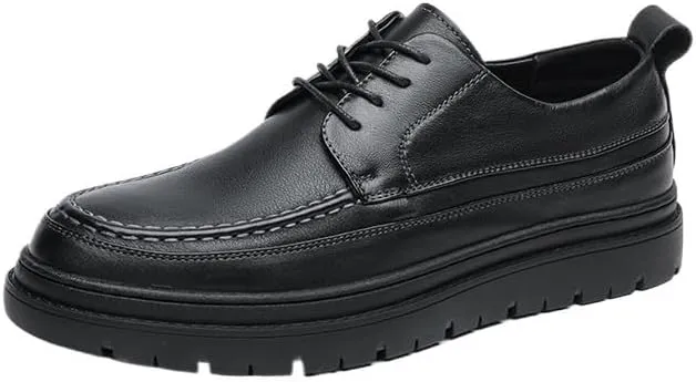 Men's Lace-up Casual Leather Shoes Classic Black Thick Sole Oxford Shoes Comfortable Soft Sole Slip Resistant Rubber Dress Shoes for Men