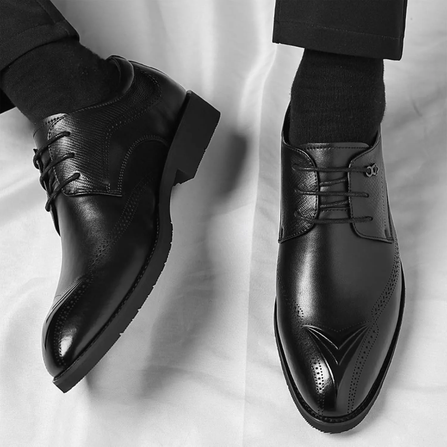 Men's Leather Brogue Oxford Shoes Classic Round Toe Block Heel Lace-Up Business Dress Shoes Retro Derby Oxford