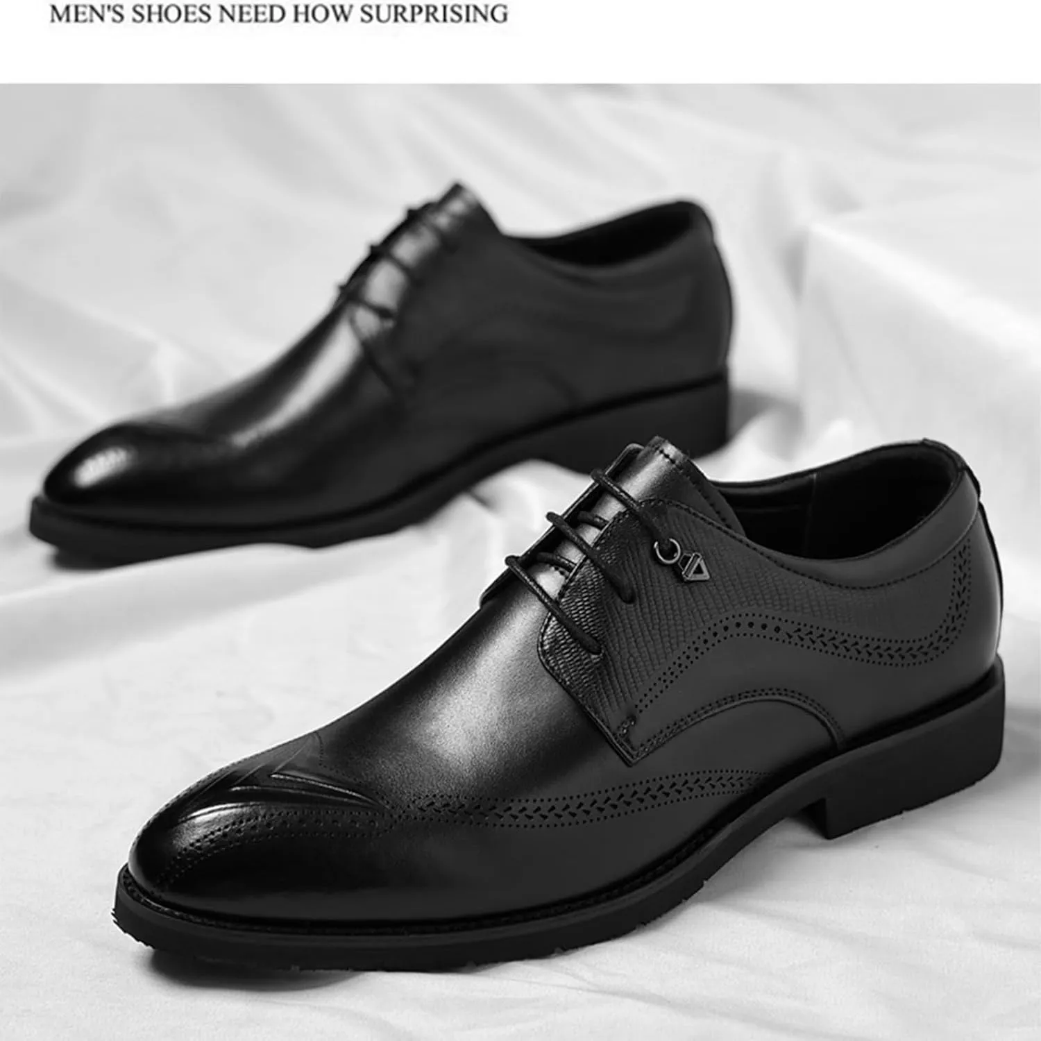 Men's Leather Brogue Oxford Shoes Classic Round Toe Block Heel Lace-Up Business Dress Shoes Retro Derby Oxford