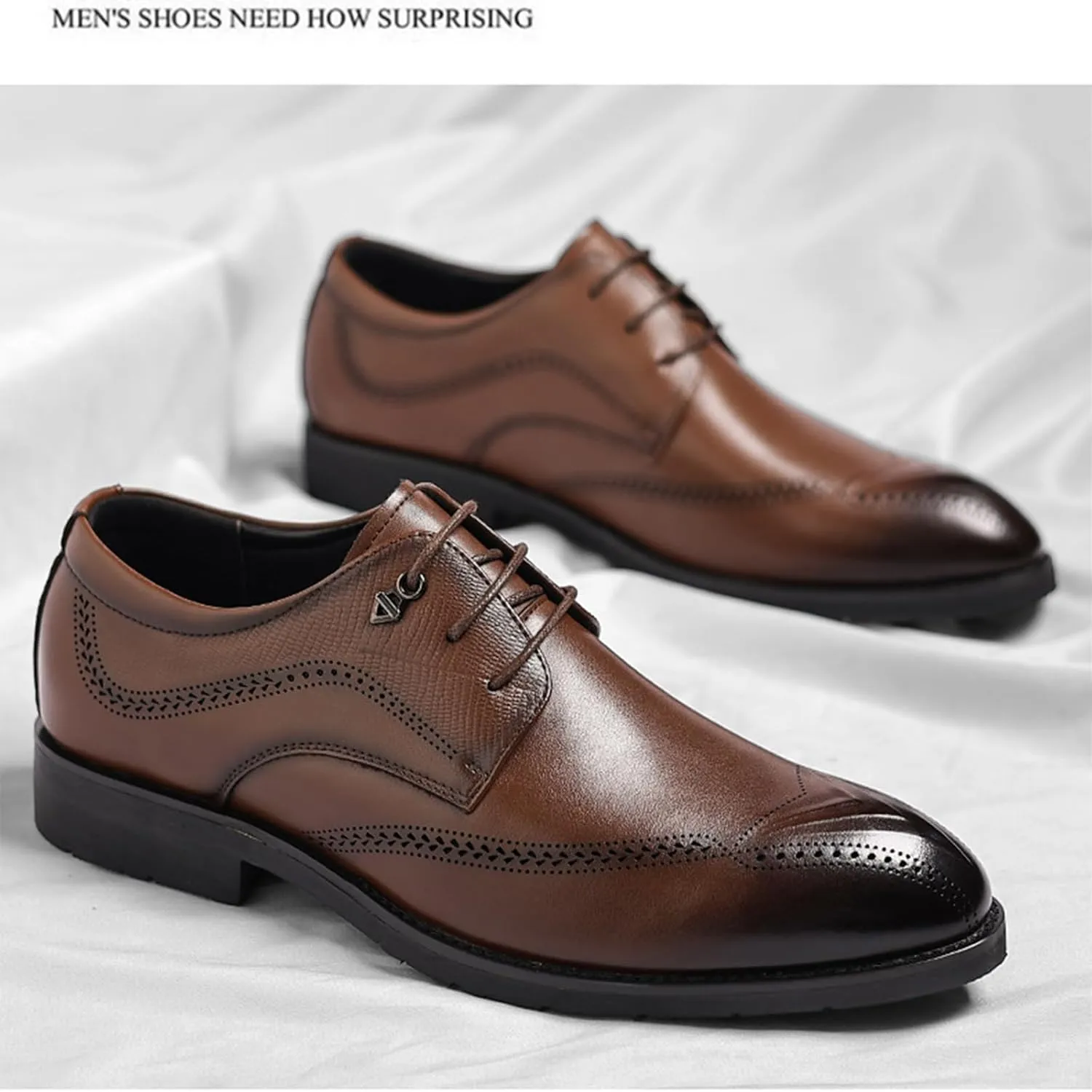 Men's Leather Brogue Oxford Shoes Classic Round Toe Block Heel Lace-Up Business Dress Shoes Retro Derby Oxford