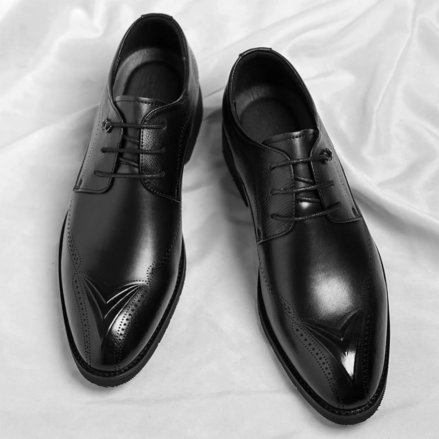 Men's Leather Brogue Oxford Shoes Classic Round Toe Block Heel Lace-Up Business Dress Shoes Retro Derby Oxford