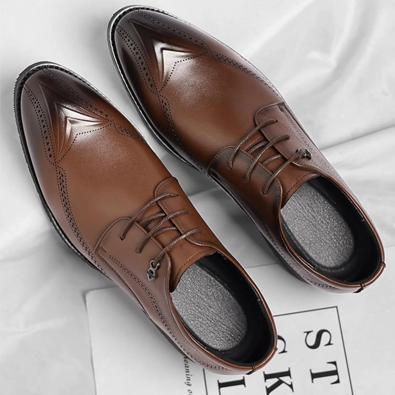 Men's Leather Brogue Oxford Shoes Classic Round Toe Block Heel Lace-Up Business Dress Shoes Retro Derby Oxford