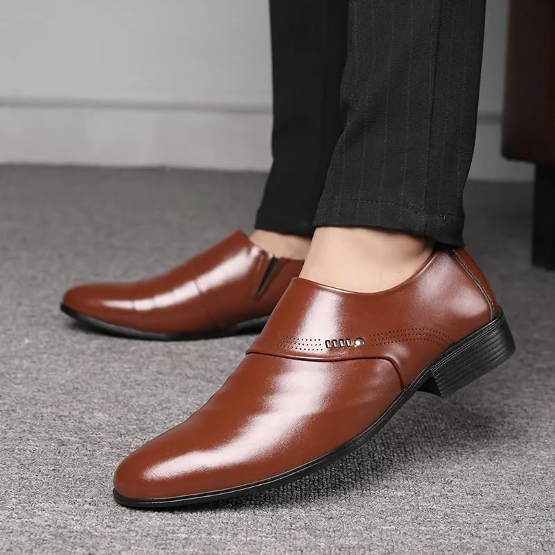 Men's Leather Brogue Oxford Shoes, Slip-On Dress Shoes with Thick Sole