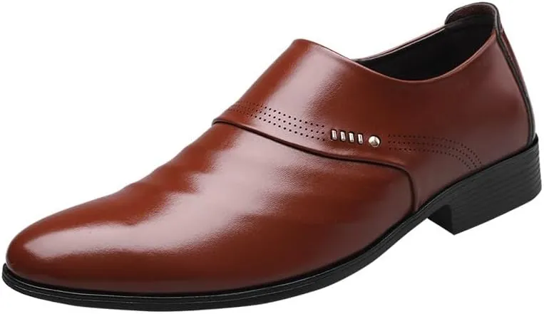 Men's Leather Brogue Oxford Shoes, Slip-On Dress Shoes with Thick Sole