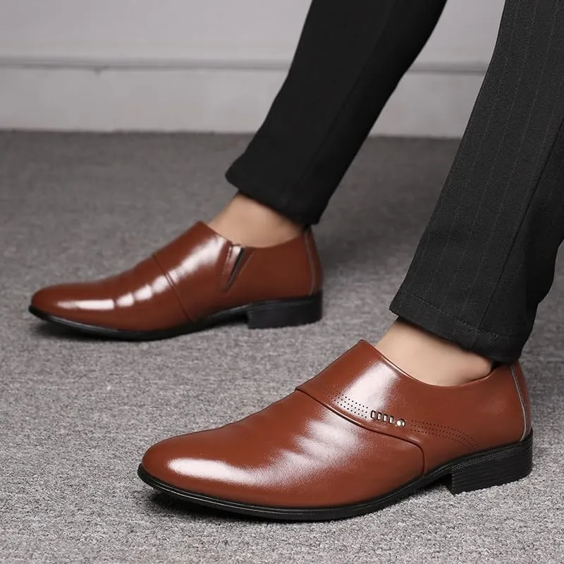 Men's Leather Brogue Oxford Shoes, Slip-On Dress Shoes with Thick Sole
