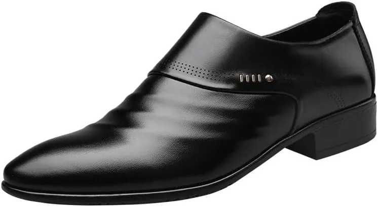 Men's Leather Brogue Oxford Shoes, Slip-On Dress Shoes with Thick Sole