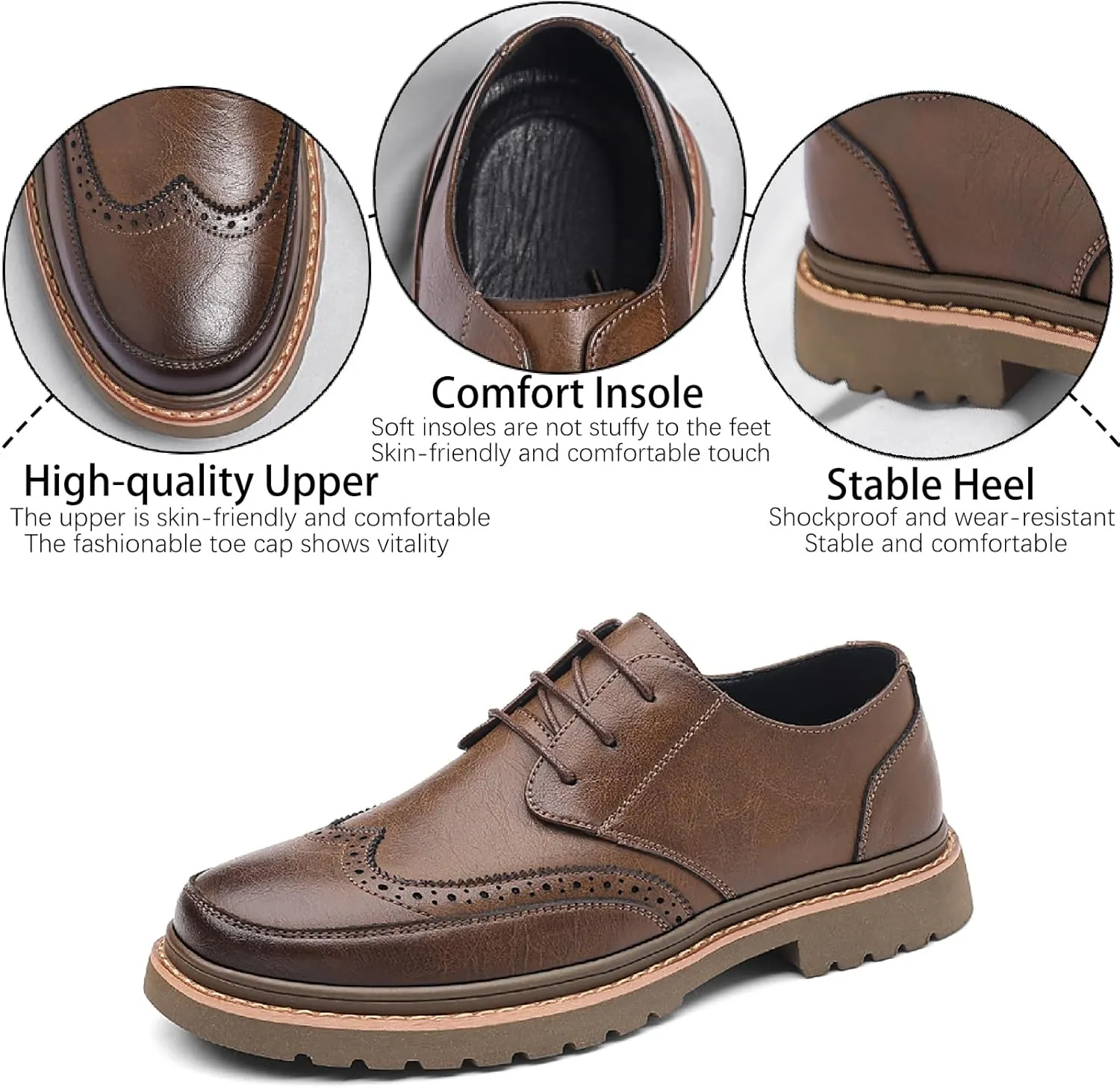 Men's Leather Brogues Wingtip Oxfords Casual Business Lace Up Anti-Slip Lug Sole Block Heel Derby Shoes for Wedding Office Formal Dress Shoes