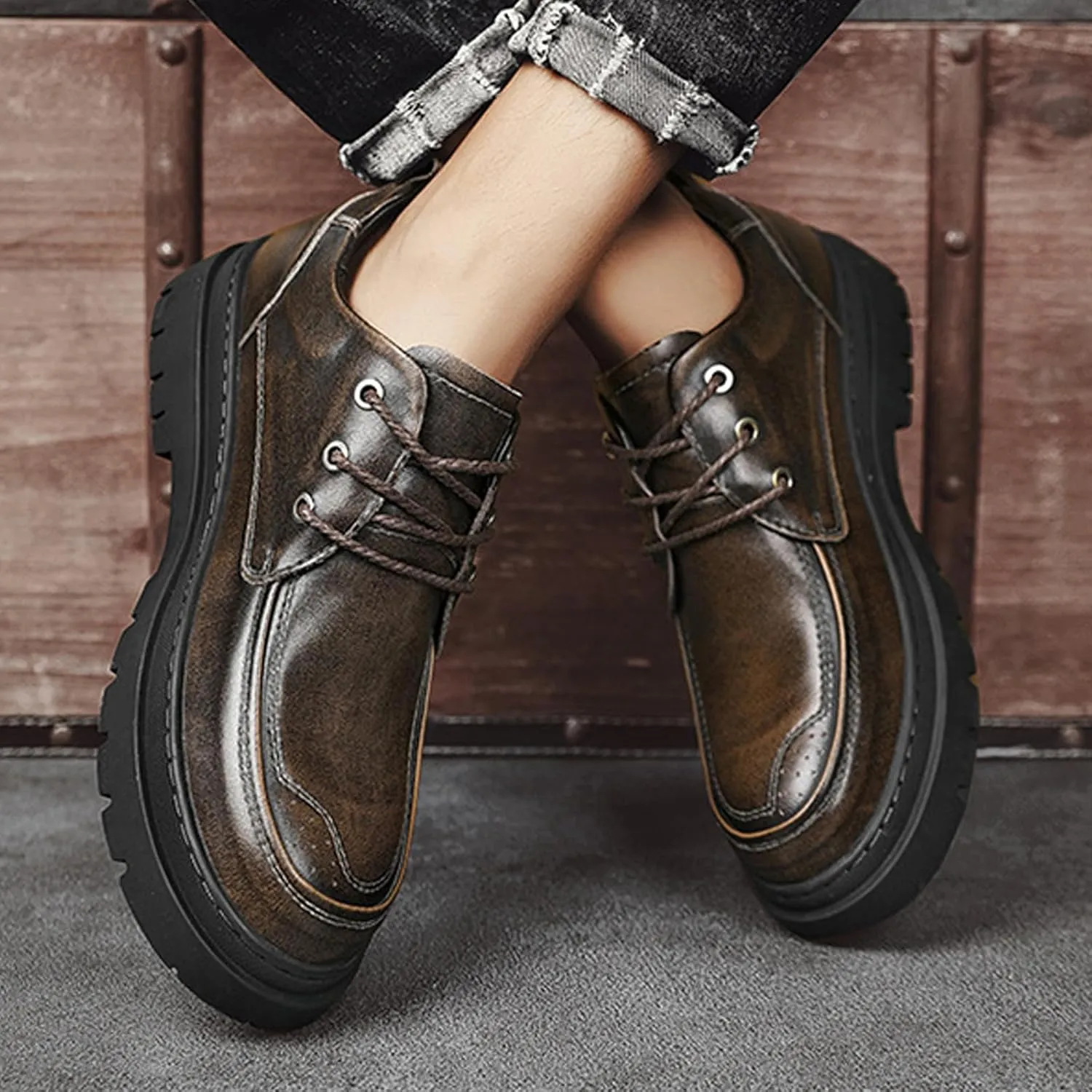 Men's Leather Chunky Platform Brogue Oxford Shoes Retro Round Toe Heightened Non-Slip Lace-Up Business Formal Derby Shoes
