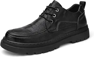Men's Leather Chunky Platform Brogue Oxford Shoes Retro Round Toe Heightened Non-Slip Lace-Up Business Formal Derby Shoes