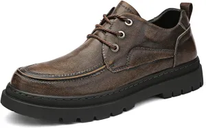 Men's Leather Chunky Platform Brogue Oxford Shoes Retro Round Toe Heightened Non-Slip Lace-Up Business Formal Derby Shoes