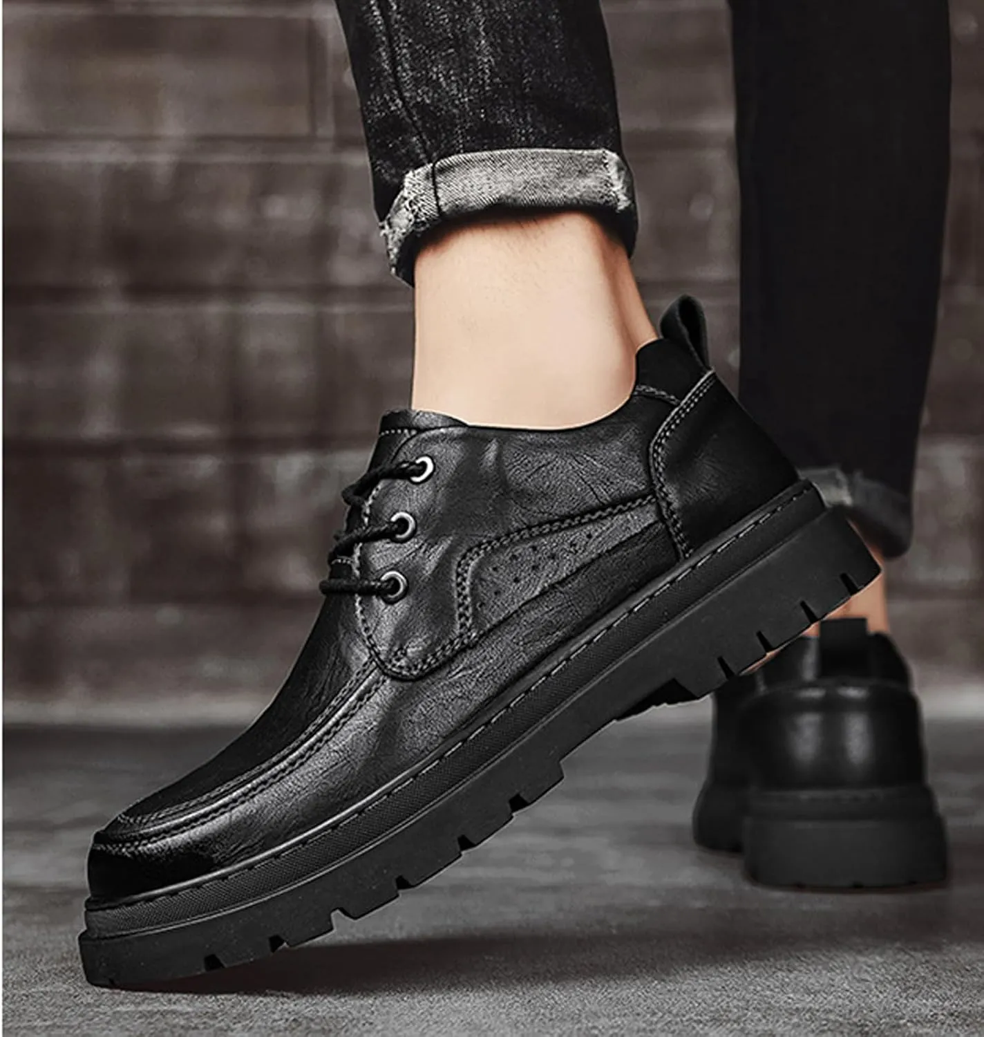Men's Leather Chunky Platform Brogue Oxford Shoes Retro Round Toe Heightened Non-Slip Lace-Up Business Formal Derby Shoes