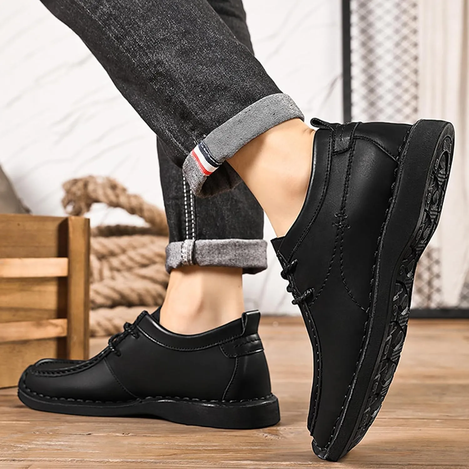 Men's Leather Platform Hand Stitched Lace-up Loafers Comfortable Round Toe Soft Non-Slip Driving Work Casual Walking Oxford Shoes