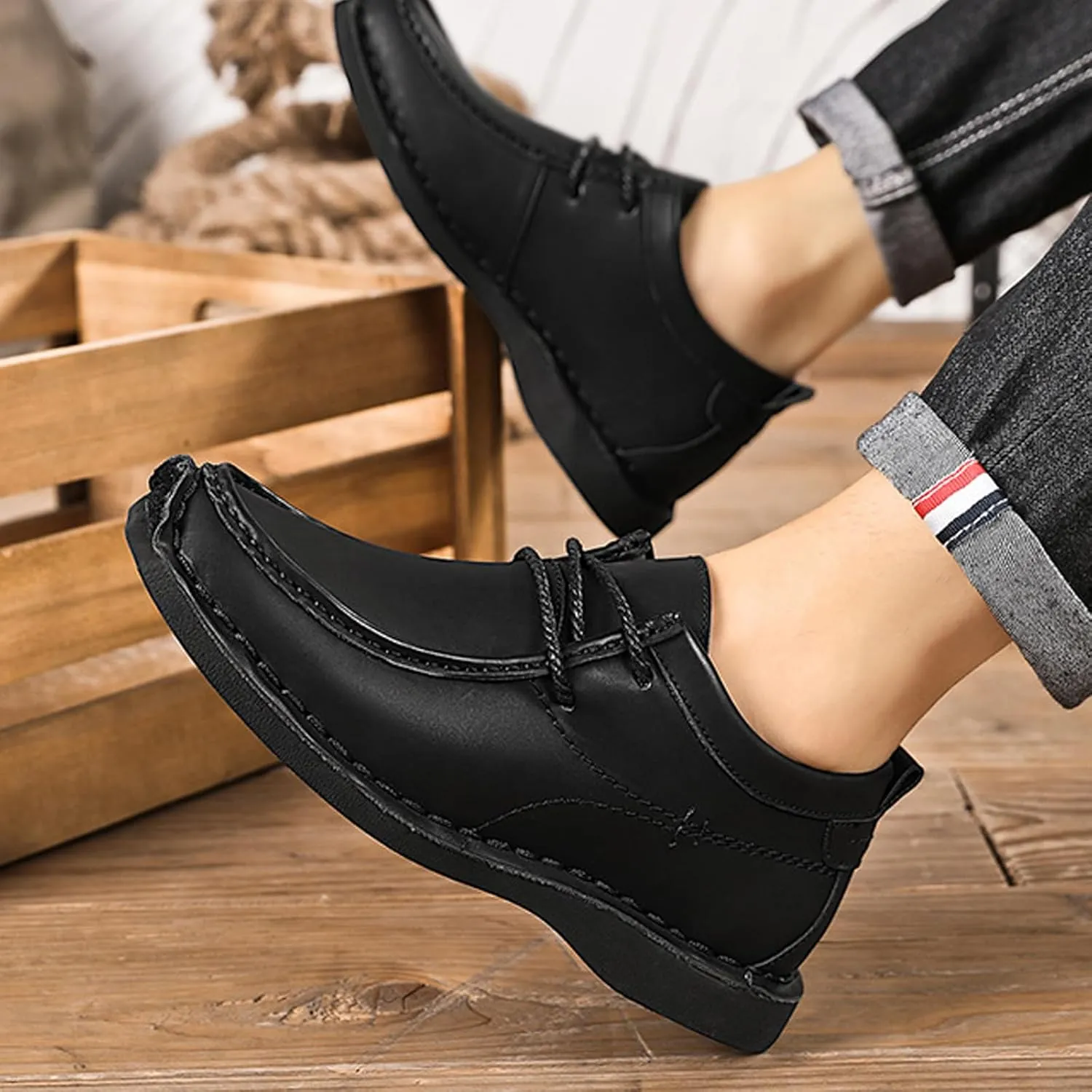 Men's Leather Platform Hand Stitched Lace-up Loafers Comfortable Round Toe Soft Non-Slip Driving Work Casual Walking Oxford Shoes