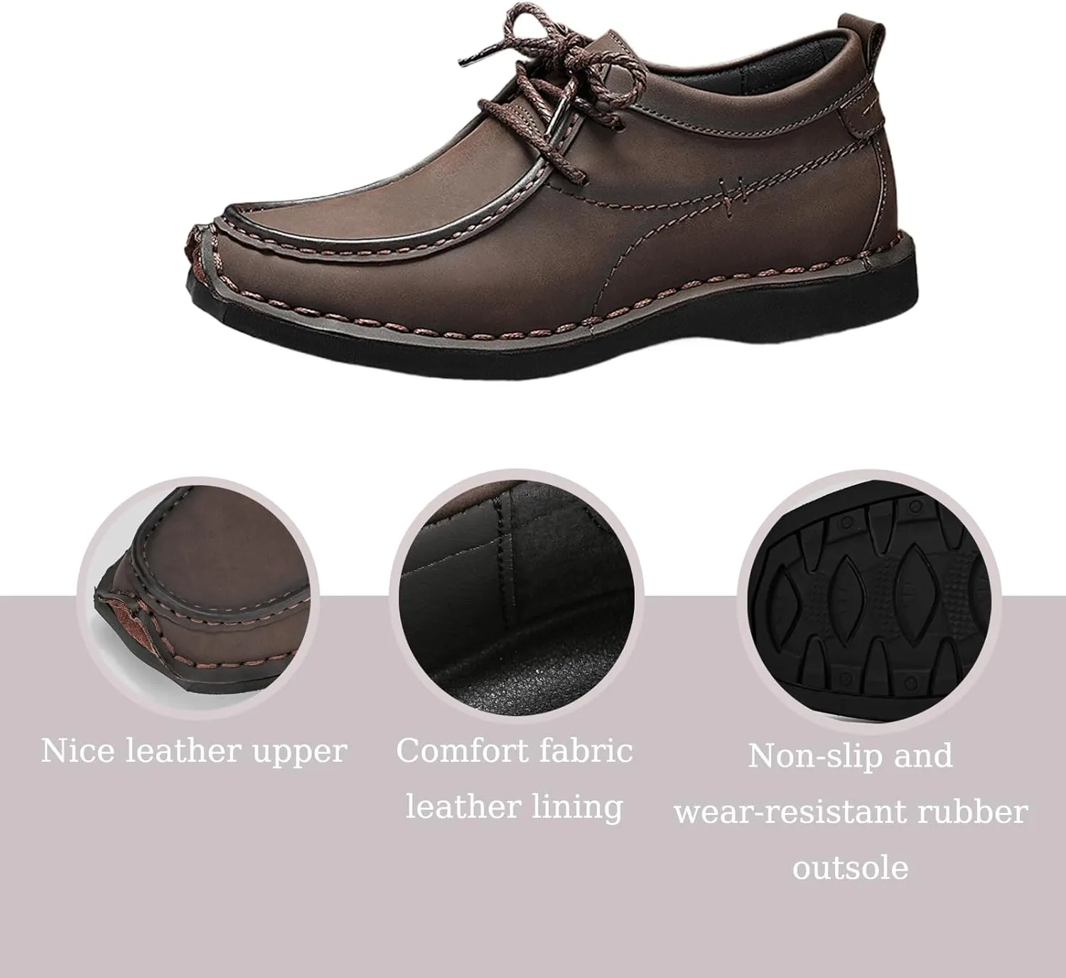 Men's Leather Platform Hand Stitched Lace-up Loafers Comfortable Round Toe Soft Non-Slip Driving Work Casual Walking Oxford Shoes