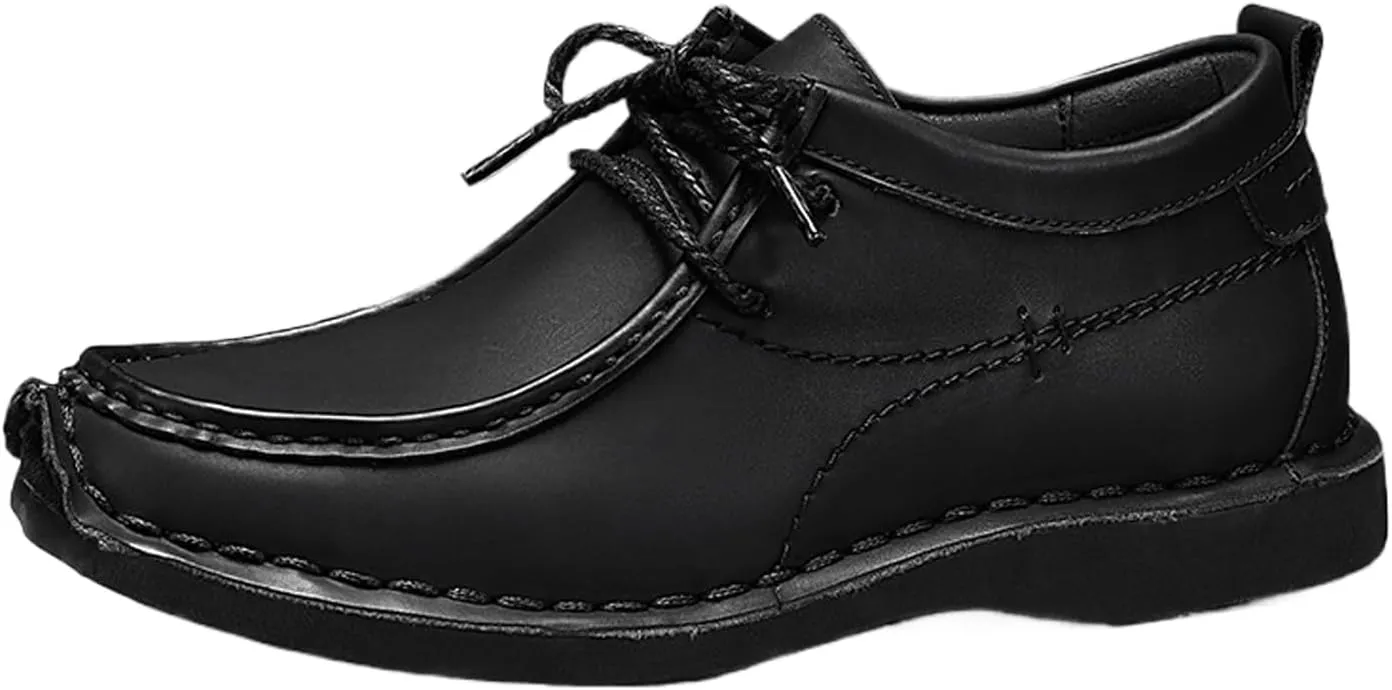 Men's Leather Platform Hand Stitched Lace-up Loafers Comfortable Round Toe Soft Non-Slip Driving Work Casual Walking Oxford Shoes