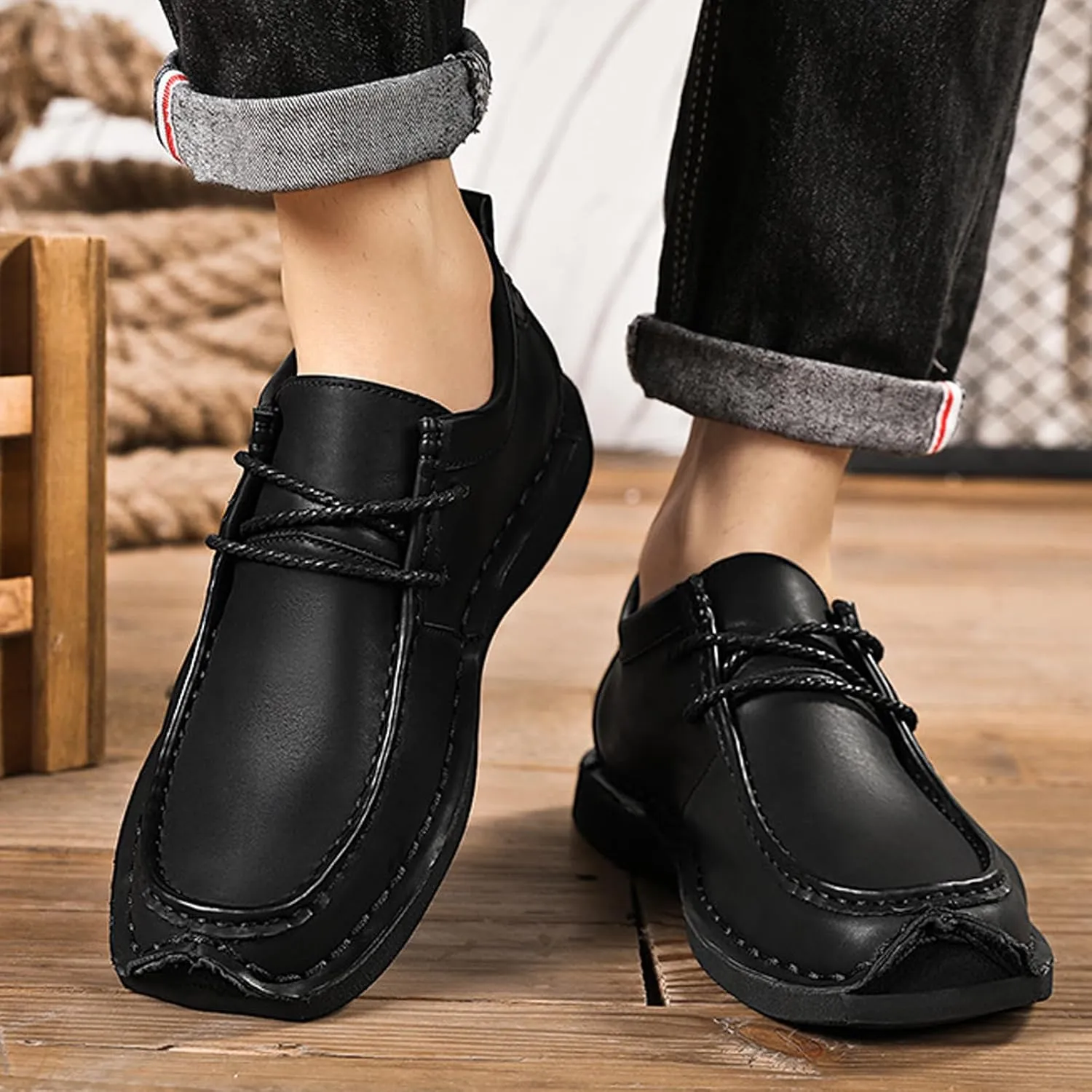 Men's Leather Platform Hand Stitched Lace-up Loafers Comfortable Round Toe Soft Non-Slip Driving Work Casual Walking Oxford Shoes