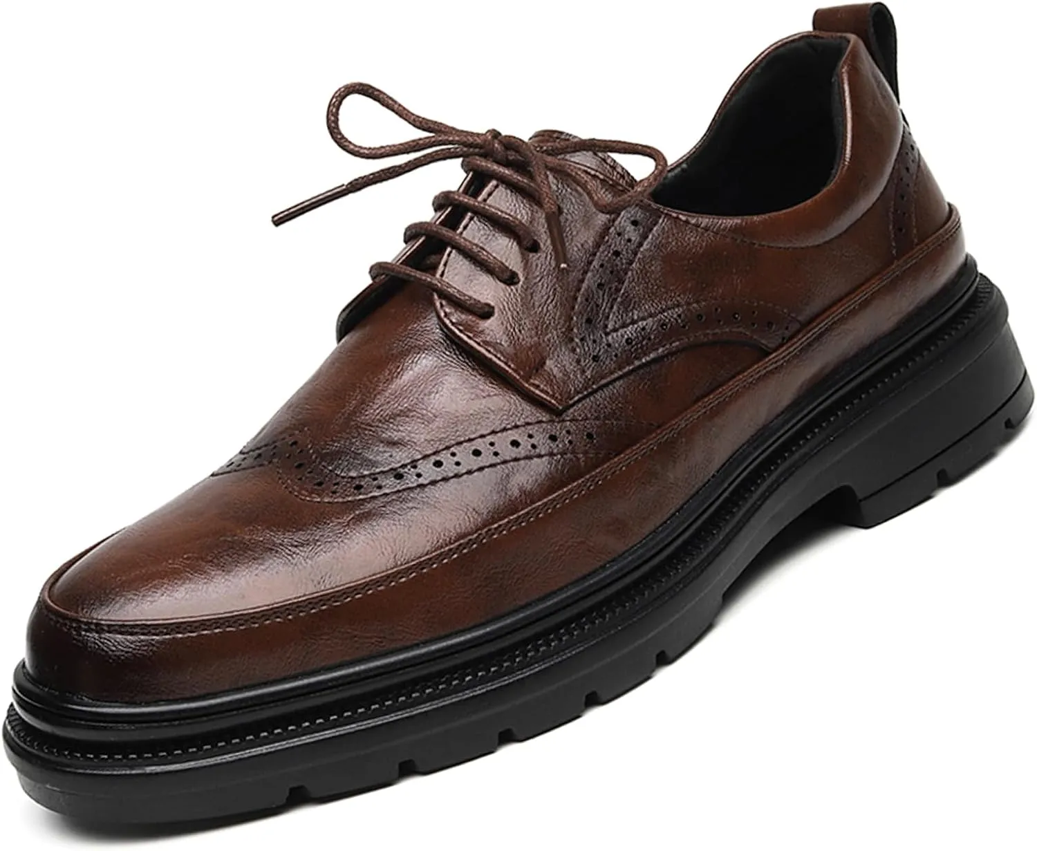 Men's Leather Platform Wingtip Business Oxfords Fashion Round Toe Lace Up Low Top Brogue Dress Shoes Hand Stitched Formal Derby Shoes