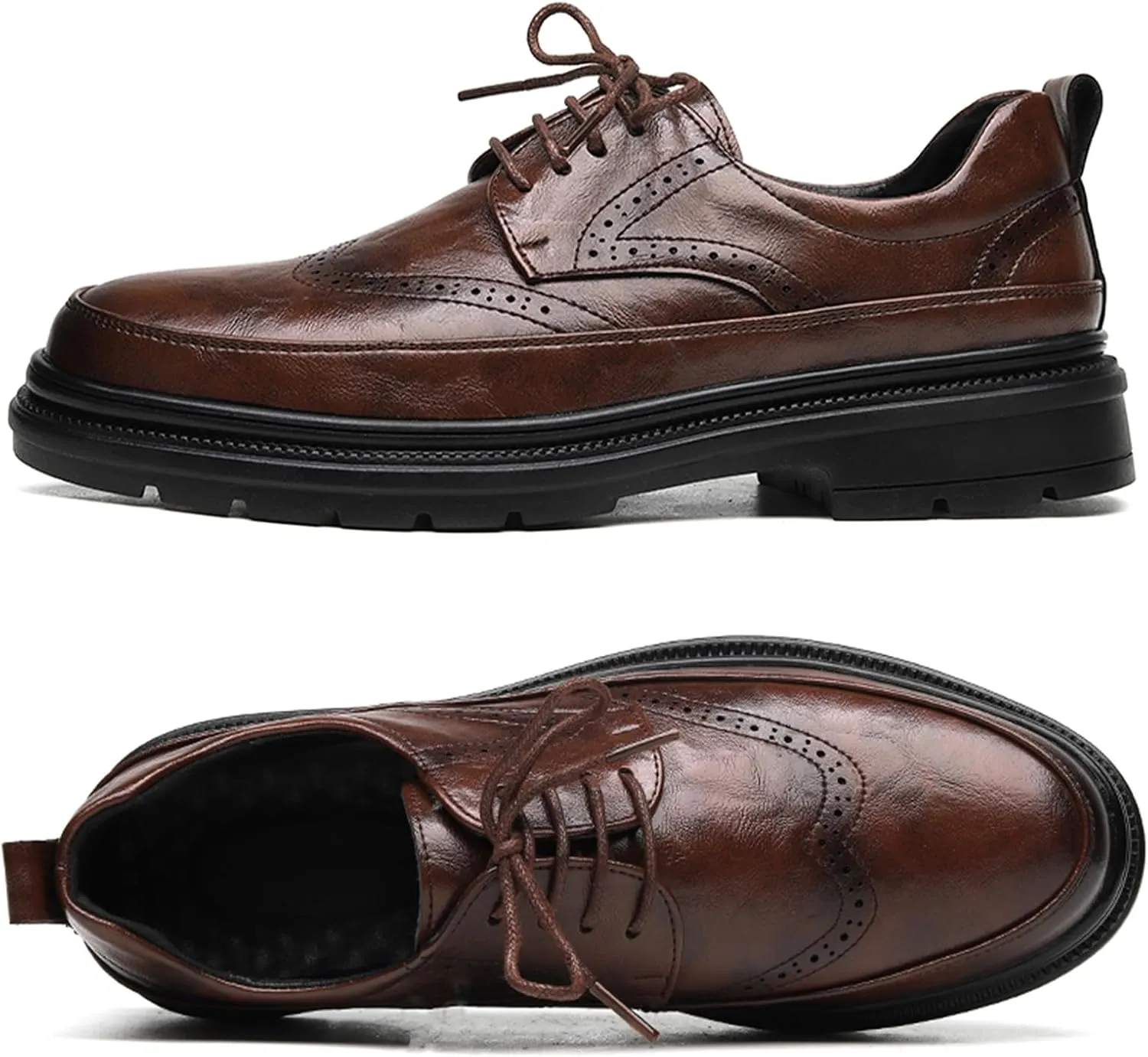 Men's Leather Platform Wingtip Business Oxfords Fashion Round Toe Lace Up Low Top Brogue Dress Shoes Hand Stitched Formal Derby Shoes