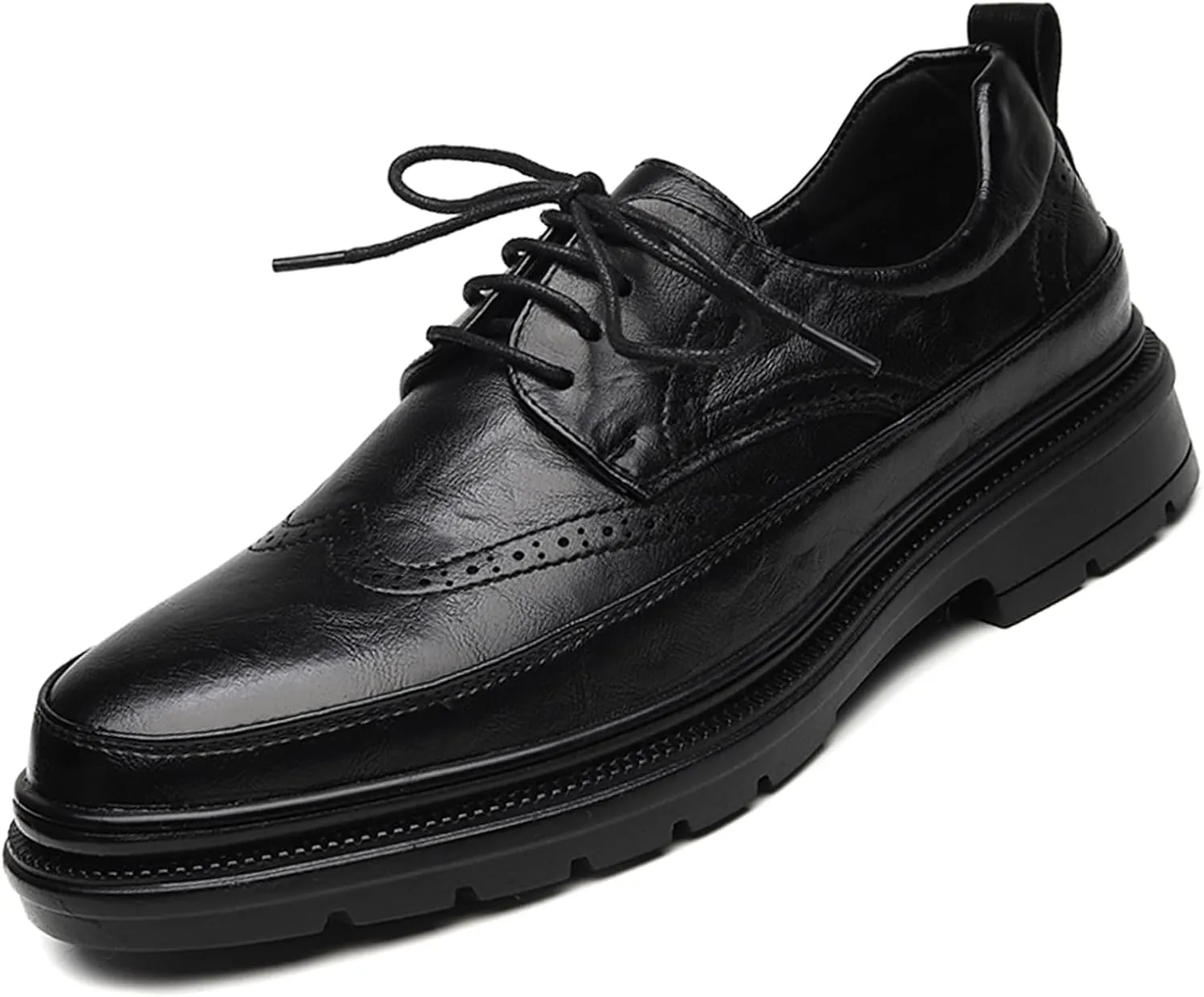 Men's Leather Platform Wingtip Business Oxfords Fashion Round Toe Lace Up Low Top Brogue Dress Shoes Hand Stitched Formal Derby Shoes