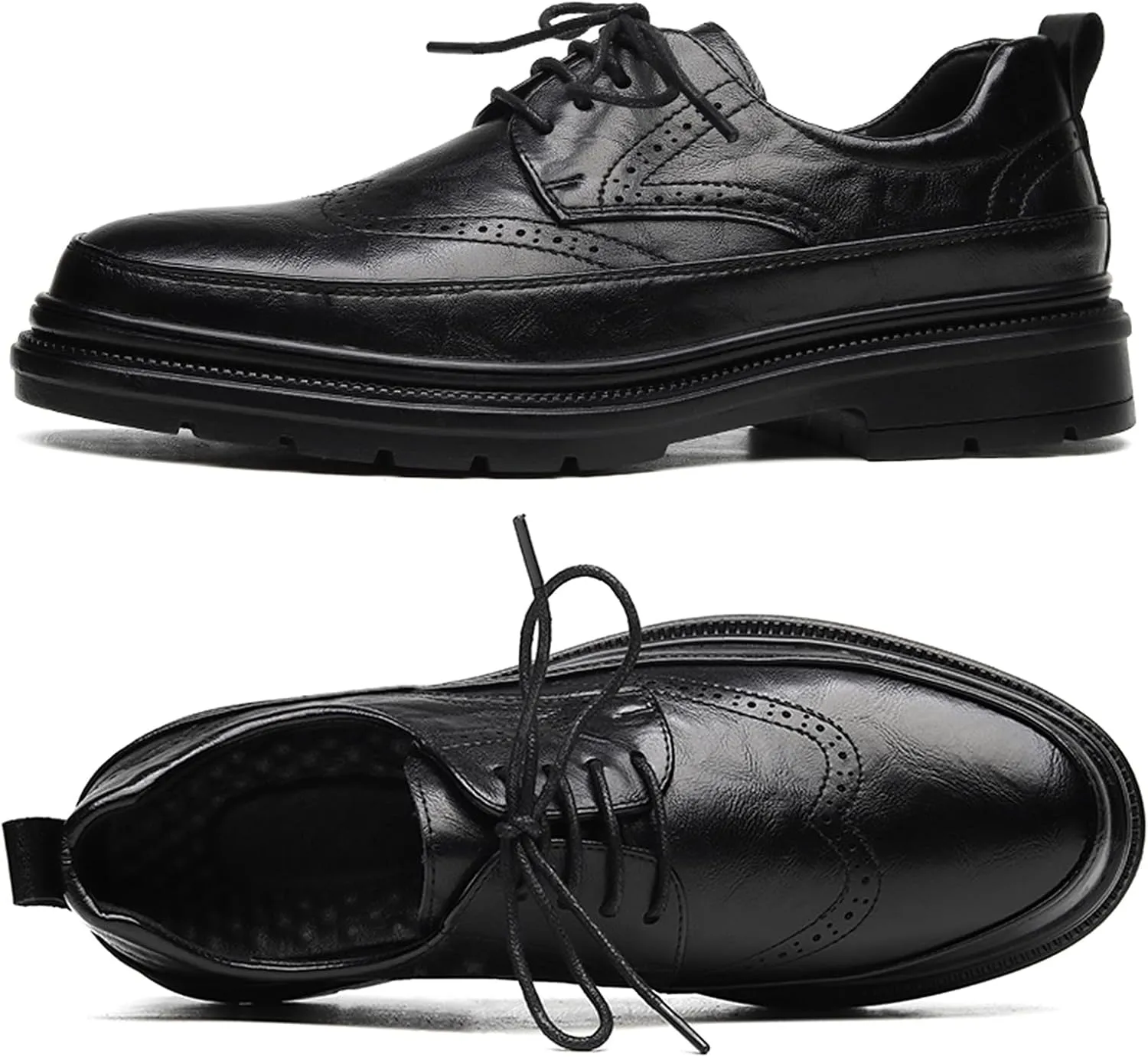 Men's Leather Platform Wingtip Business Oxfords Fashion Round Toe Lace Up Low Top Brogue Dress Shoes Hand Stitched Formal Derby Shoes