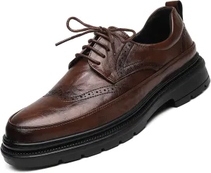 Men's Leather Platform Wingtip Business Oxfords Fashion Round Toe Lace Up Low Top Brogue Dress Shoes Hand Stitched Formal Derby Shoes