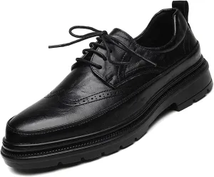 Men's Leather Platform Wingtip Business Oxfords Fashion Round Toe Lace Up Low Top Brogue Dress Shoes Hand Stitched Formal Derby Shoes