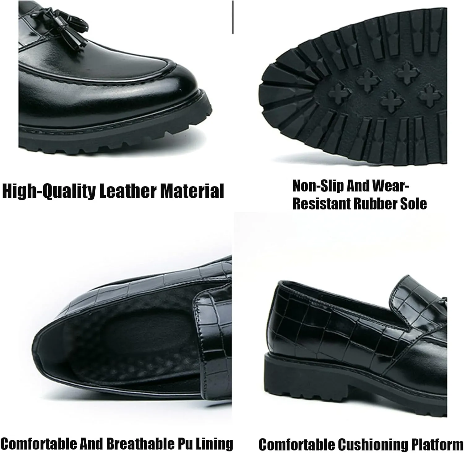 Men's Leather Slip-On Platform Tassel Loafers Fashion Round Toe Non-Slip Low Top Slip-On Business Dress Shoes for Driving Party Office