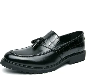 Men's Leather Slip-On Platform Tassel Loafers Fashion Round Toe Non-Slip Low Top Slip-On Business Dress Shoes for Driving Party Office